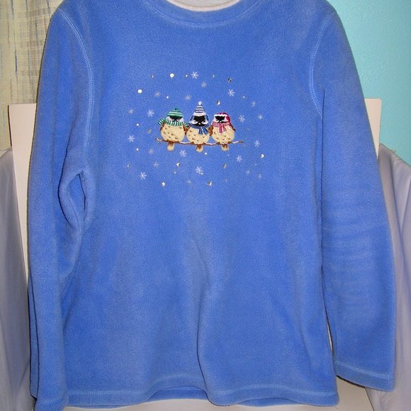 FLEECE PULL OVER TOP BLOUSE SHIRT w/Embroidery Bonnie Evans Medium Blue C - Picture 1 of 6